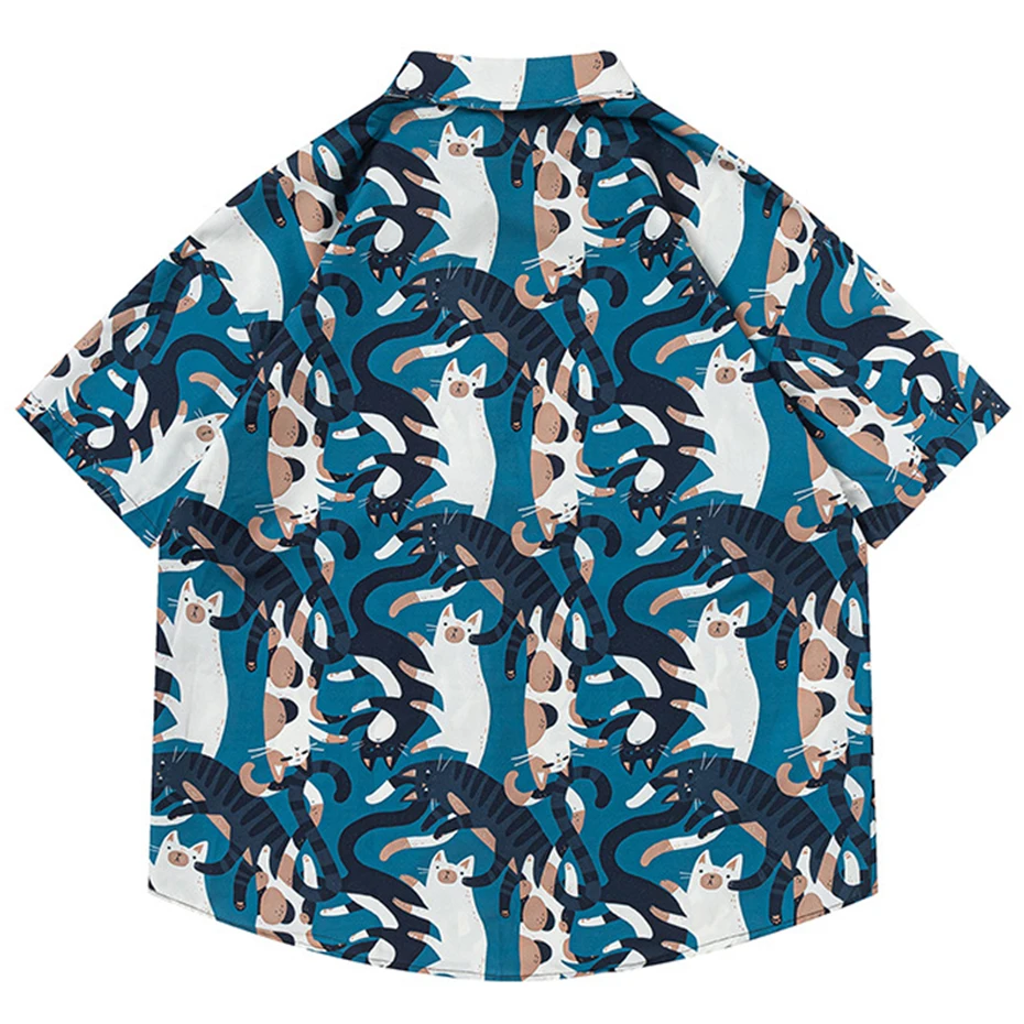 Camisas con estampado de gatos de dibujos animados para hombre, blusa holgada de manga corta con botones, Estilo Hawaiano, informal, 2024