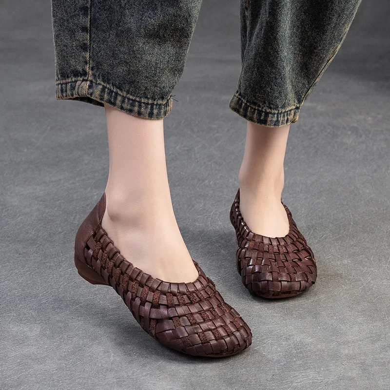 GKTINOO 2024 Autumn New Vintage Versatile Genuine Leather Woven Flat Shoes Handmade Round Toe Handmade Soft Sole Slip-on Shoes