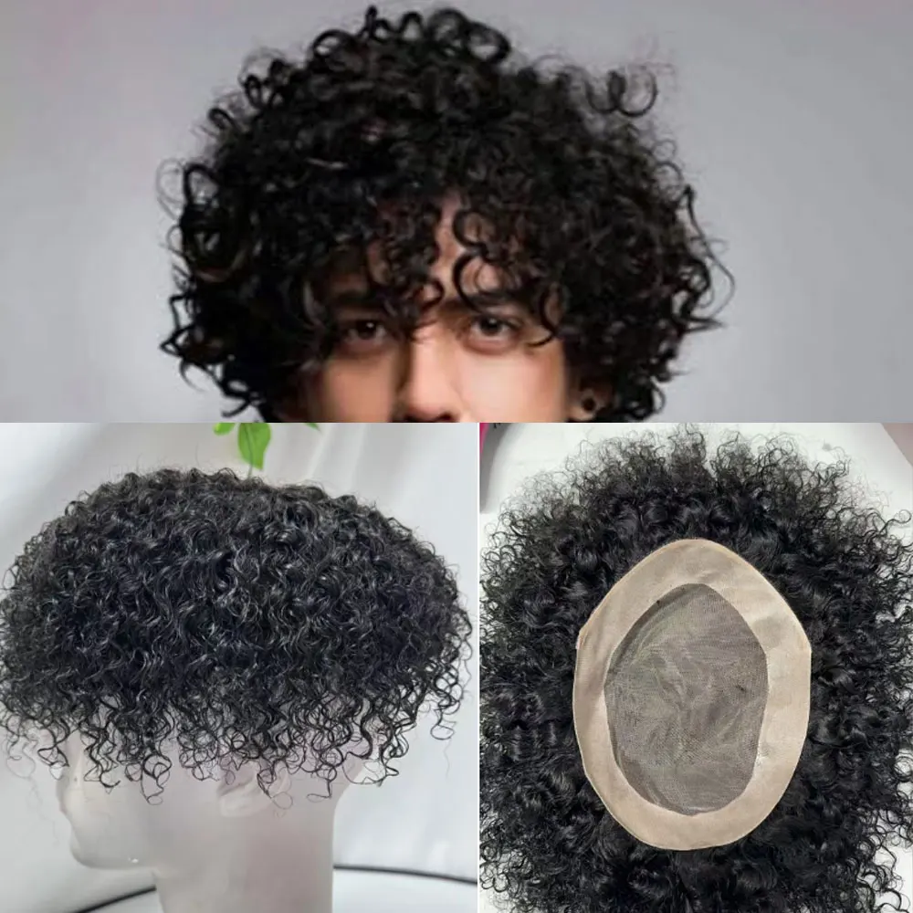 Men's Kinky Curly Mono Lace Toupee 6x8 Inch 1B Color Super Durable PU Replacement System Hair Piece for Men