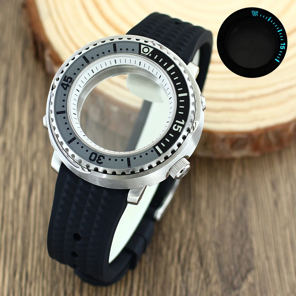 

43mm NH36 Watch Case Metal case Sapphire Crystal Glass For Mod Tuna Cann NH34 NH35 NH36 Movements 20bar Waterproof Rubber Strap