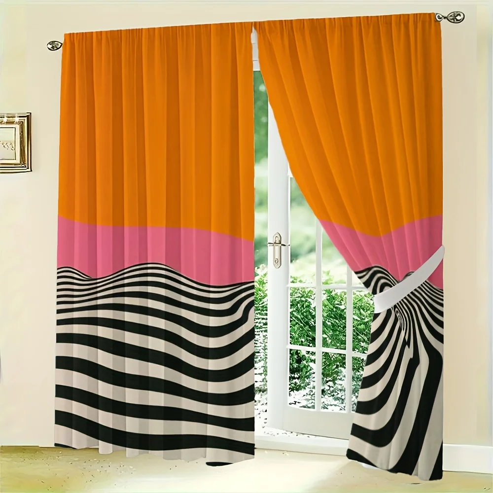 2pcs Optical Wave Curtains No Rod  Orange Pink Black White Graphic Blackout for Living Room Bedroom Studio Cafe Decor