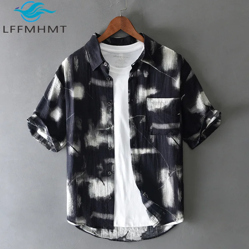 

T210 Men's Summer Fashion Shirt Teens Black White Classic Short Sleeve Loose Casual Printed Blouse Soft Cozy Durable Relax Tops