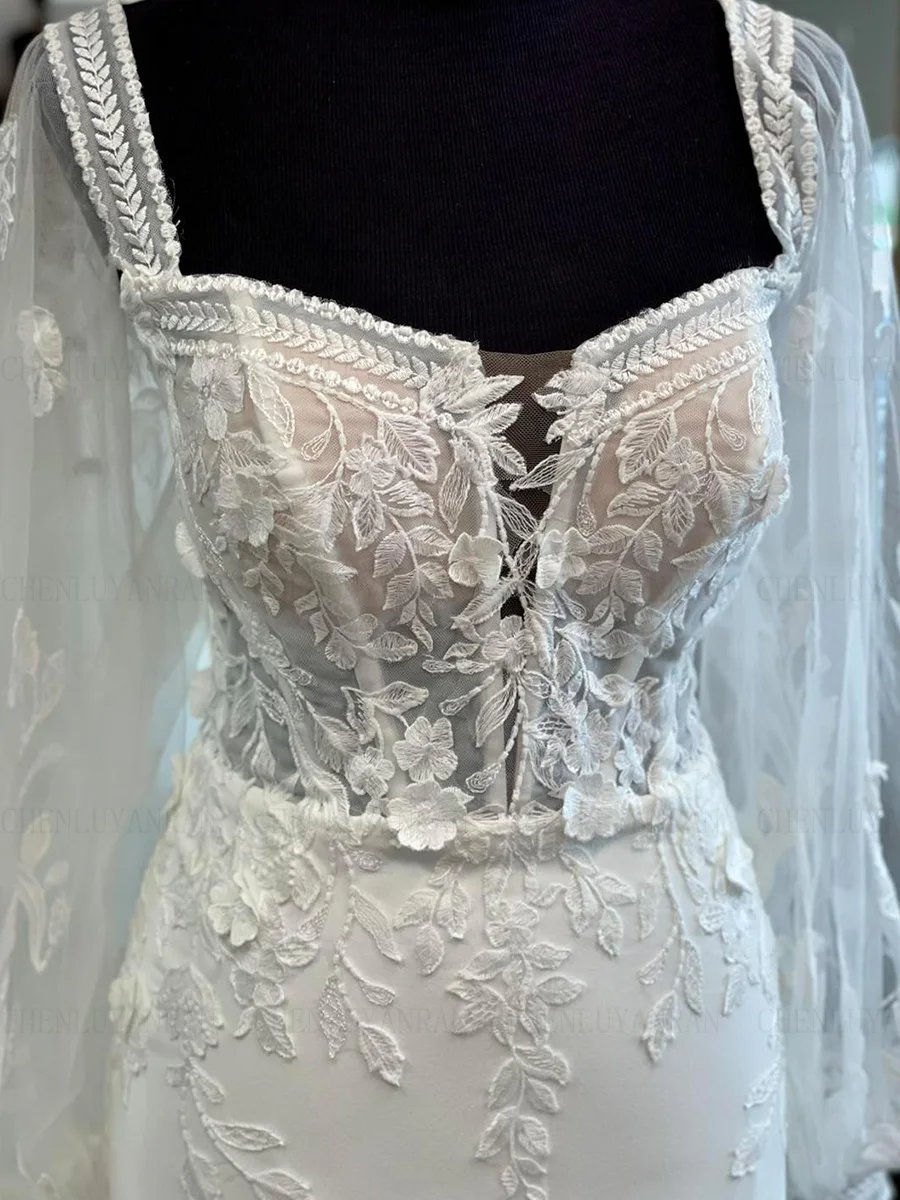 マーメイドアップリケウェディングドレスアイボリー長袖エレガントな花嫁ドレスボタンカスタムメイドドレス女性のための 2025 ローブデマリー