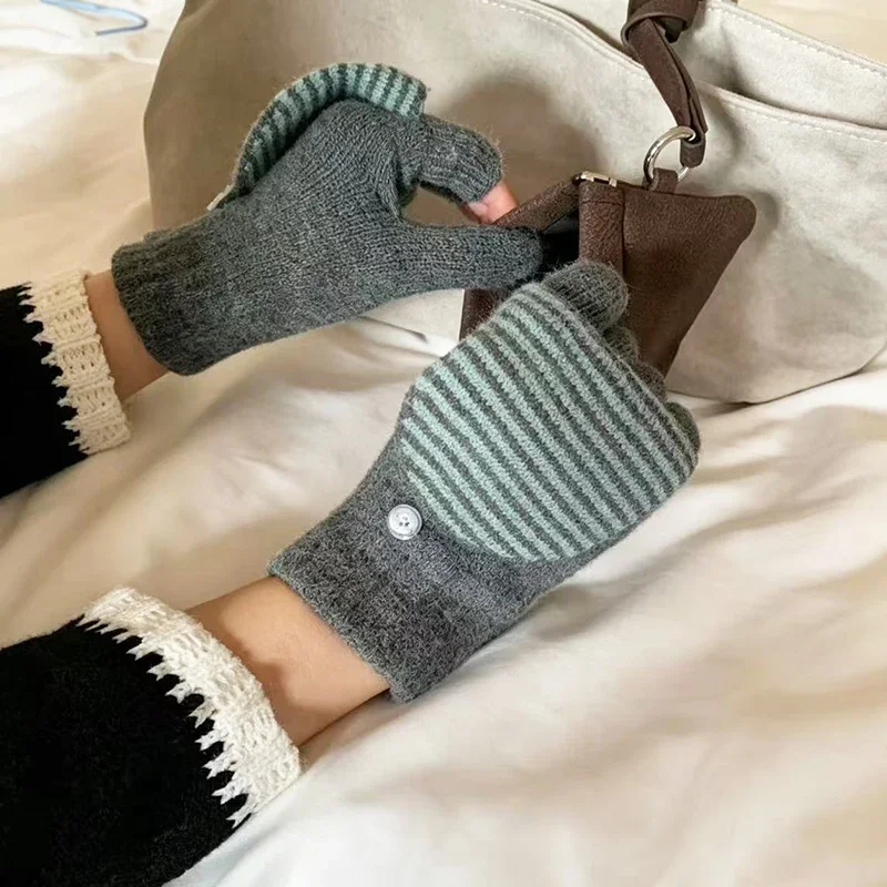 Knitted Fingerless Gloves Winter Thicken Warm Touch Screen Open Flip Design Flap Gloves for Men Women Half Finger Student Gloves