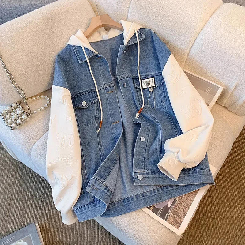 New Women Fake Two Hooded Denim Coats Spring Autumn Casual Baseball Clothes Fashion Female Students Loose Motorcycle Jacket Tide