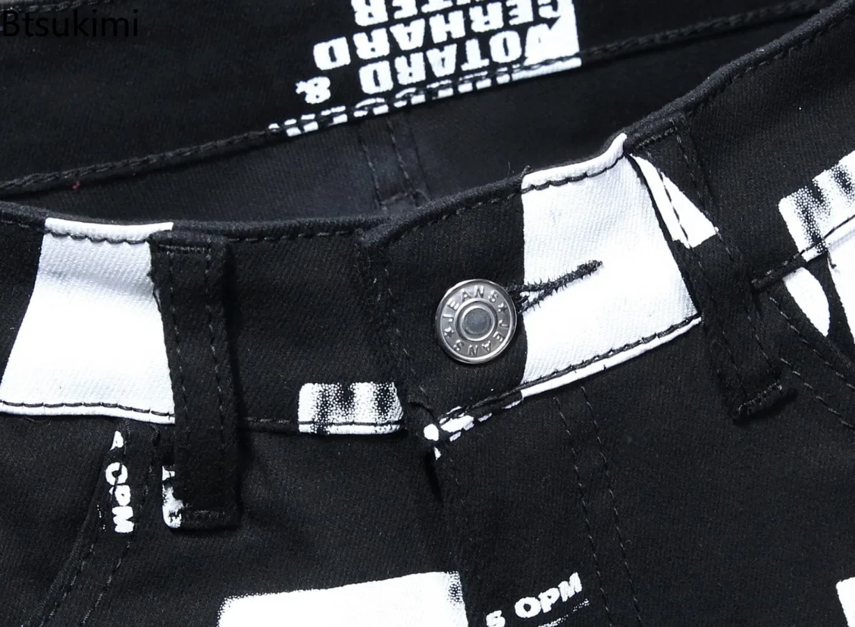 2025 New Men's Letter Printed Jeans Trend Street Style Casual Hip Hop Trousers Men Elastic Slim Denim Pants Fashion Pencil Pants
