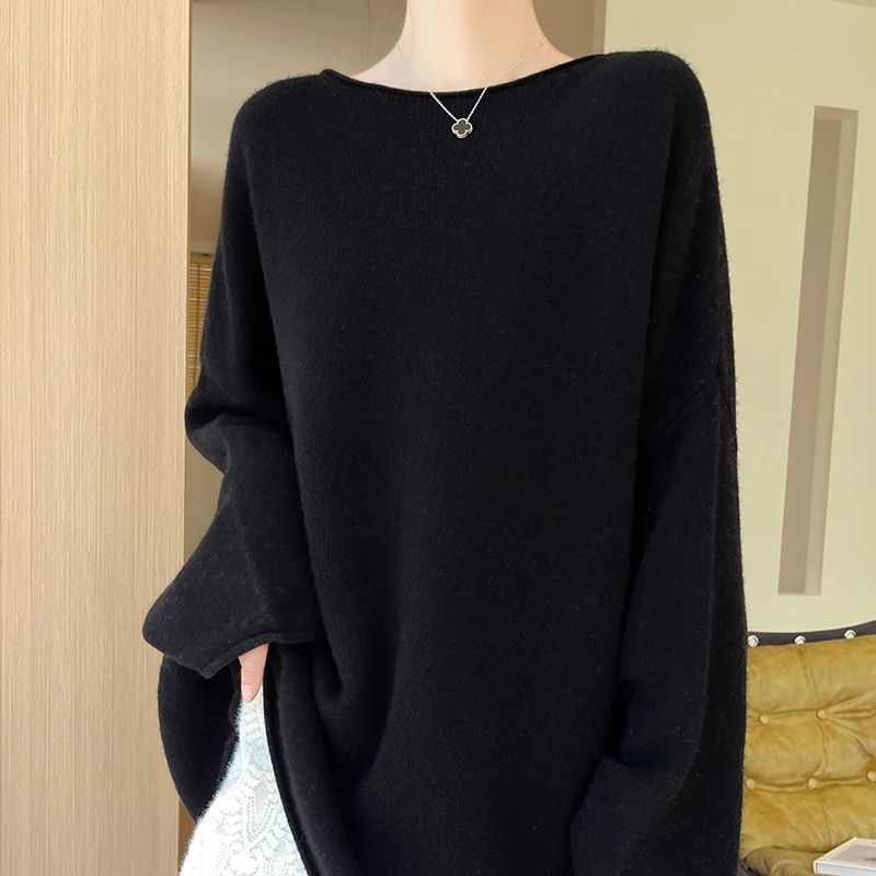 Women\'s pullover autumn/winter 100% wool sweater casual knitted sweater round neck loose Tops Korean version basic long Blouse