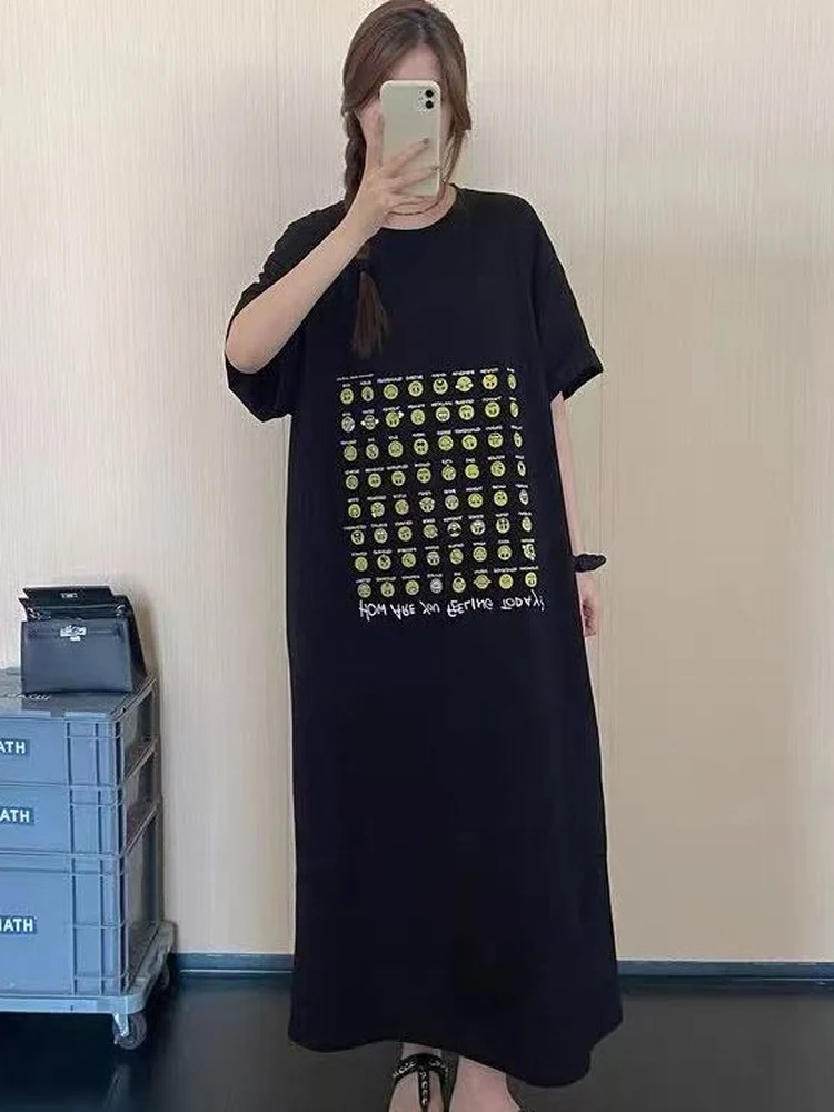 Loose Mid-Length T-Shirt Skirt with Slits Short-Sleeved Korean Style Casual Home Wear for Young Women Summer Season