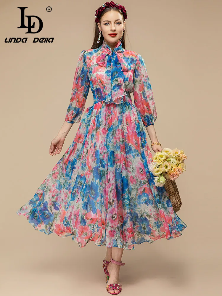 LD LINDA DELLA 2023 New Summer Vacation Runway Dress Women Bow Tie Floral Print Lantern sleeve Elegant Party Dress