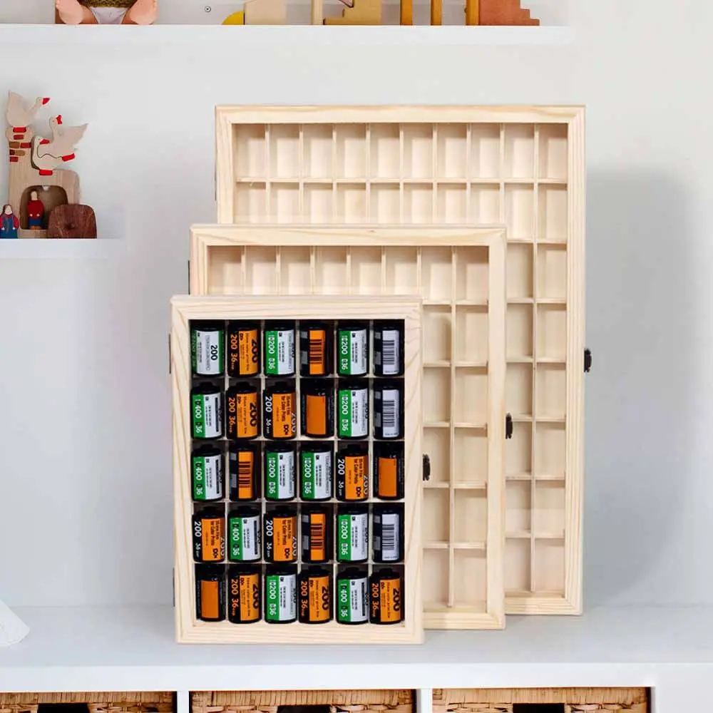 Durable Wooden Display Rack Dustproof with Lid Storage Box High-capacity Multi Purpose Case for 135 Film Cassette