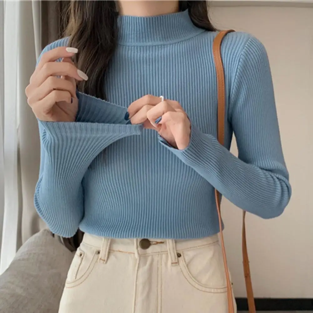 Women Top Half-high Collar Knitted Elastic Slim Fit Pullover Soft Warm Long Sleeve Casual Lady Sweater Basic Blouse