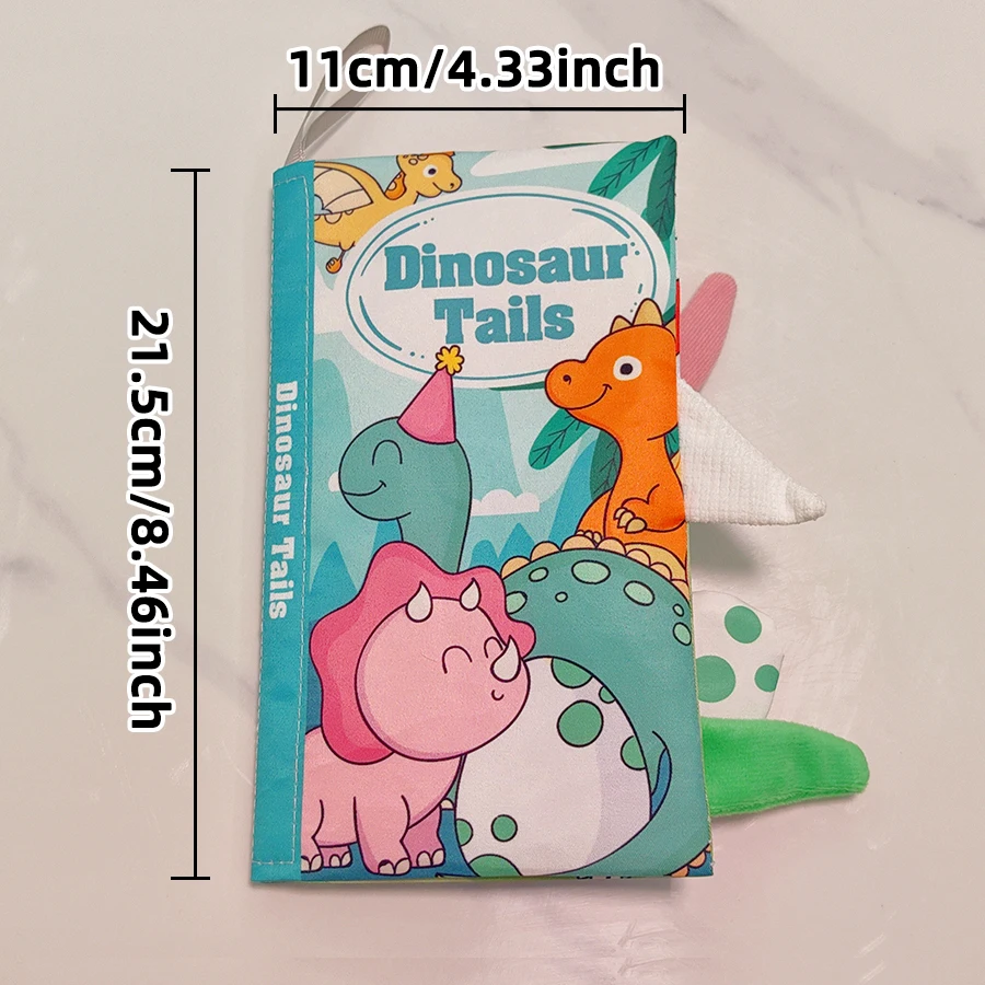 Libro in stoffa con coda di dinosauro per l'educazione precoce del bambino, lavabile, morso, duro a strappo a mano, libro cognitivo, giocattolo puzzle per neonati