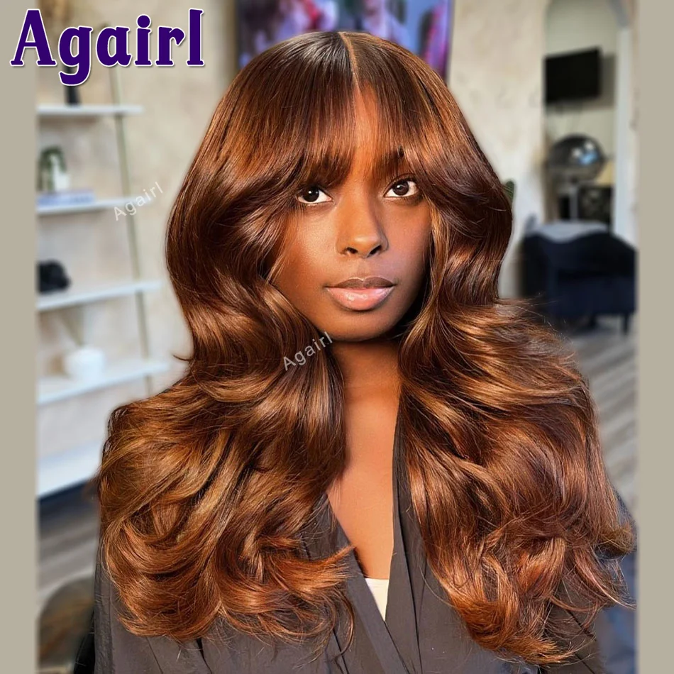 

30Inch Body Wave Human Hair Wigs With Bangs Ginger Brown 200 Density Brazilian 13X6 13X4 Lace Frontal Fringe Wig For Black Women