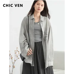 CHIC VEN Women Shirt Loose Casual Textured Tie Dye Collar with Split Long Sleeved Blouses Sun Protection Ladies Coat Summer 2024
