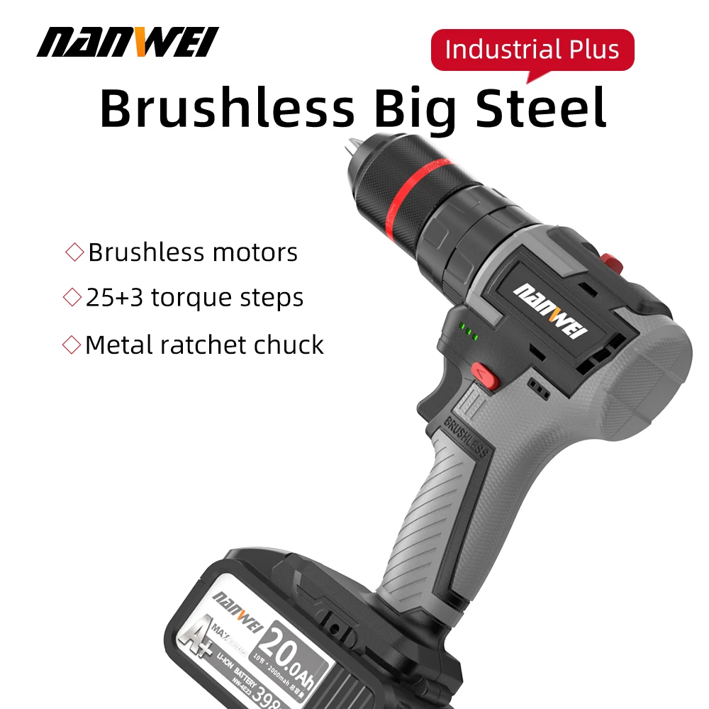 Nanwei Professional Cordless Electric Brushless Hammer Impact Wrench Hand Drill Power Tool Set Combination Same Battery Pack