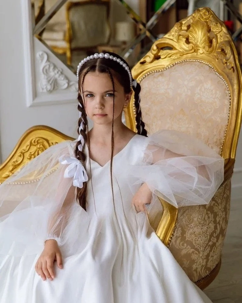 Satin Flower Girl Dress with Bow Tulle Wedding Dresses Junior Bridesmaid Toddler Ivory Girl Princess Pageant Dresses for Girls