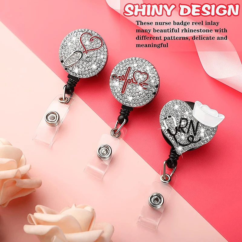 Retractable Medical Worker ID Tag Holder Buckle Rhinestone Nurse Badge Easy Pull Buckle Exquisite Badge Clip Office Supplies