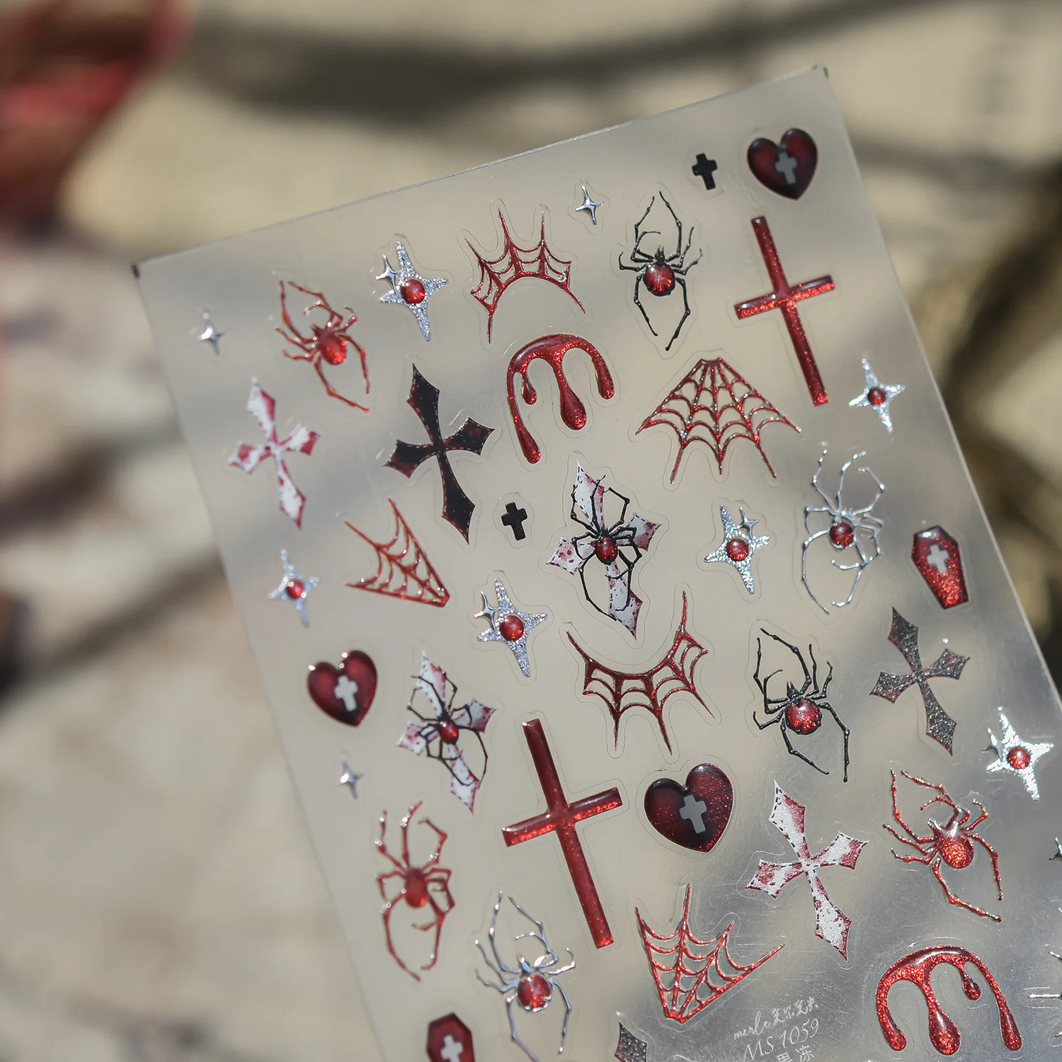 Spider Dark Red Cross Bleeding Texture Cobweb Heart Coffin Devil Horn Star Self Adhesive Coffin 5D Nail Stickers Gothic Decor