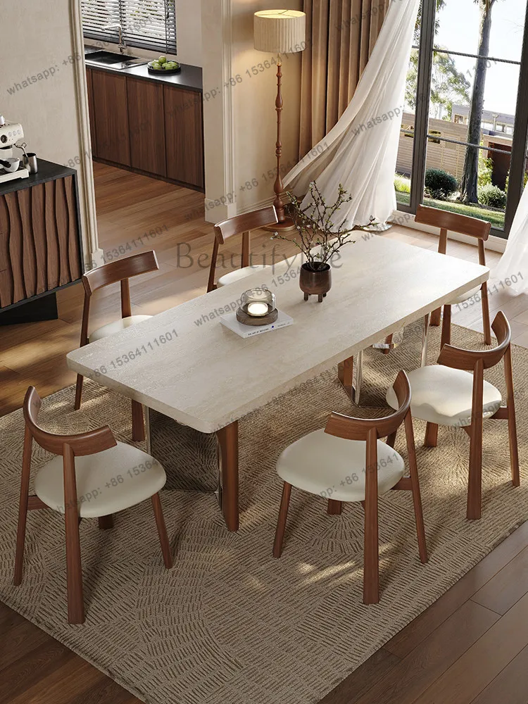 Hanging dining table under travertine rock slab Solid wood household medium and ancient style rectangle