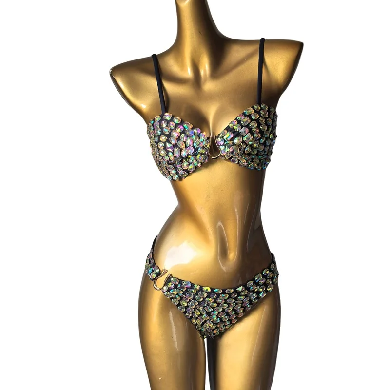 Women Swimsuit Rhinestones Bikini 2 Piece Set Vacation Beach Bikini Swimwear Pool Party Bathing Suit Nightclub Rave Outfit