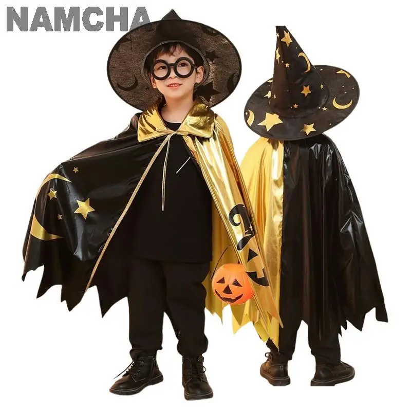 Halloween Kinder Hexe Cosplay Kostüm Umhänge Zauberer 2 Stück Doppels chicht Umhang Hut Abschluss ball Party Magier Leistung Kostüm Poncho