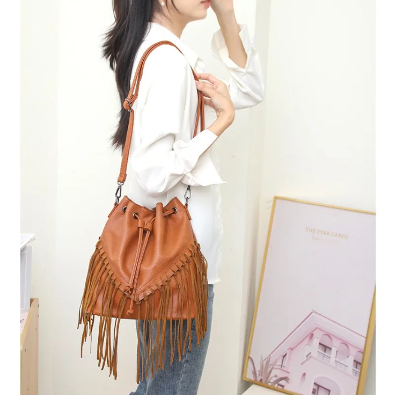 

Women's Bag European American Style Single Shoulder Handbag Generous Fringed Bucket Bags Urban Simplicity crossbody sling bag