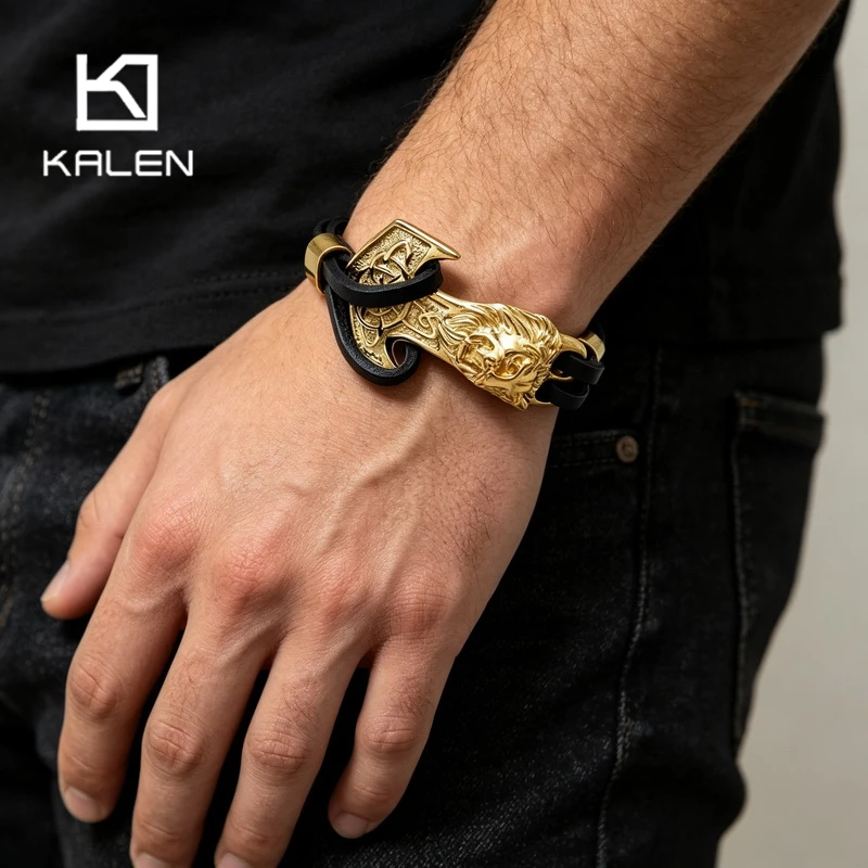kalen Stainless Steel Viking Thor Hammer Leather Bracelet for Men Punk Retro Lion Biker Party Jewelry Casual Male Accessories
