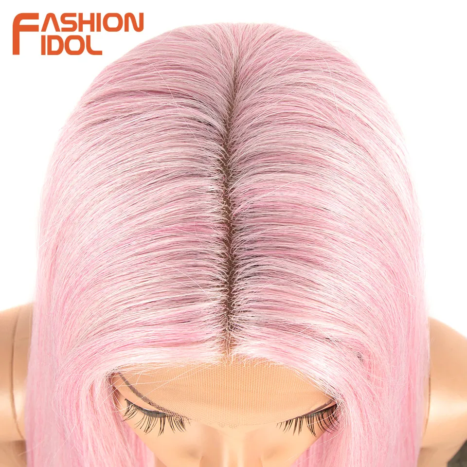 FASHION IDOL 38 inch Long Straight Wigs Synthetic Lace Wigs For Women High Temperature Fiber Ombre Pink Highlight Cosplay Wig