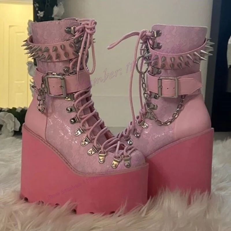 Pink Rivet Decor Wedges Heels Boots Strappy Buckle Shoes for Women Cross Tied Round Toe Punk Goth Shoes 2023 Zapatos Para Mujere