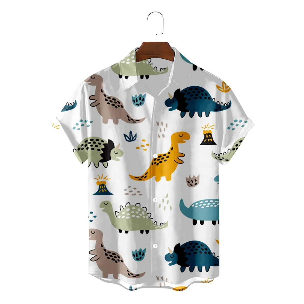 Fresh and Playful Cartoon Dinosaur Shell Print Cute Jurassic Small Animal Green Plant Pattern Men's Loose Shirt