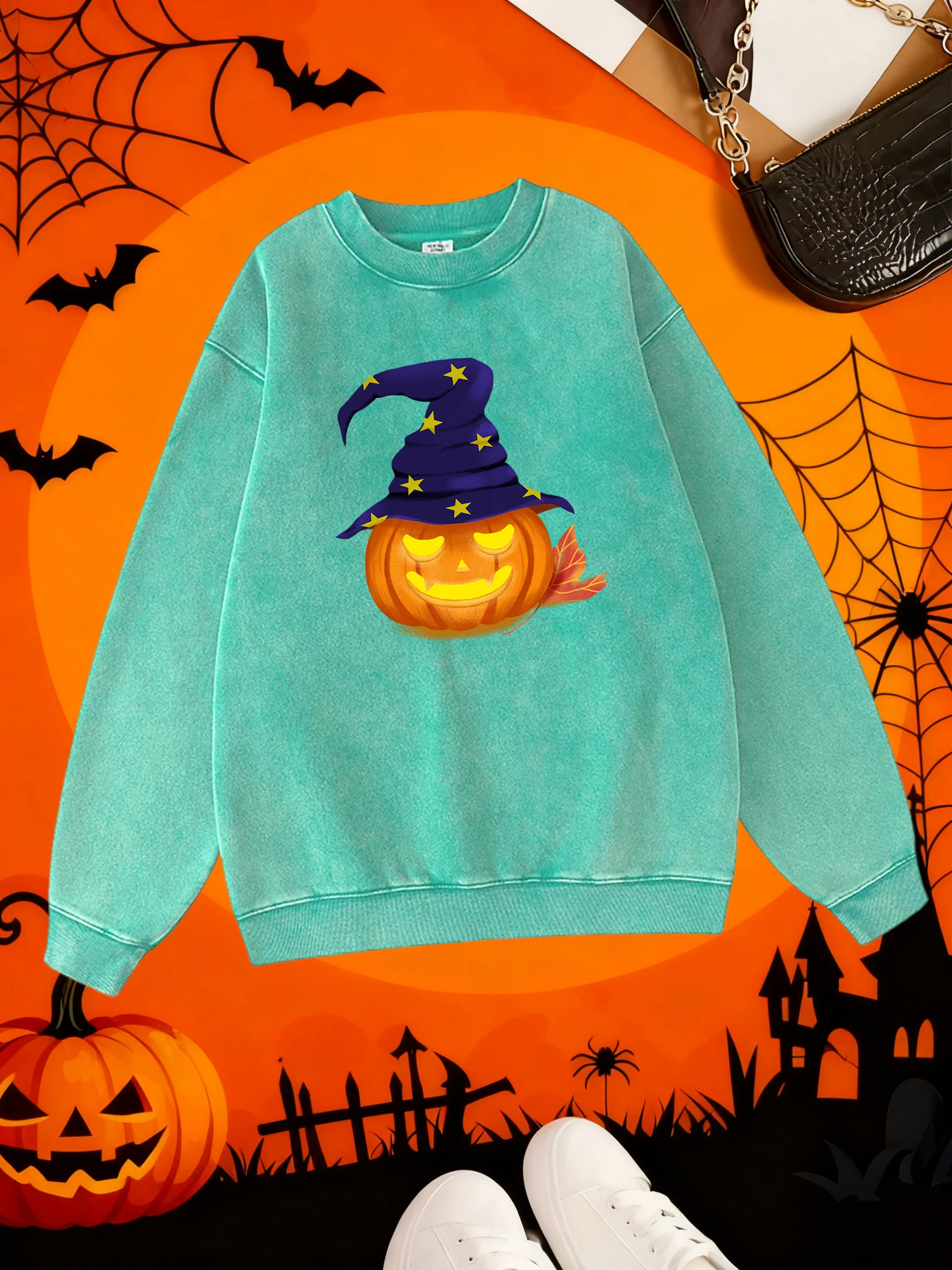 قبعة الساحرة اليقطين طباعة المرأة غسلها الملابس القطنية موضة بلوزات دافئة مريحة الشارع هودي الخريف بلايز عادية #4