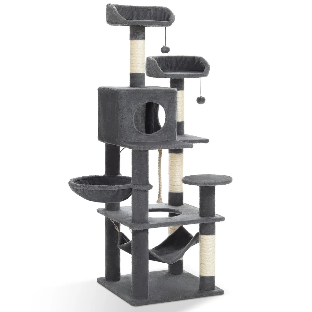 Albero per gatti multilivello da 60 pollici con amaca condominio Tiragraffi Dispositivo antiribaltamento Doppi grucce Gatti da teatro per interni