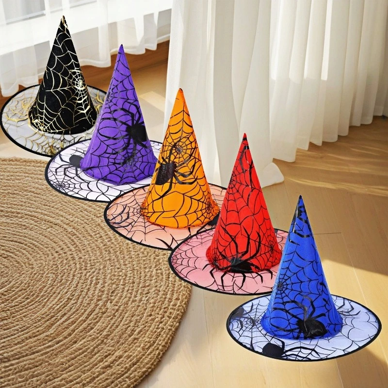 Spider Web Witch Pointed Hat, Multicolor Wizard Hat, Halloween Cosplay Masquerade Party Decorative Witch Costume Accessory