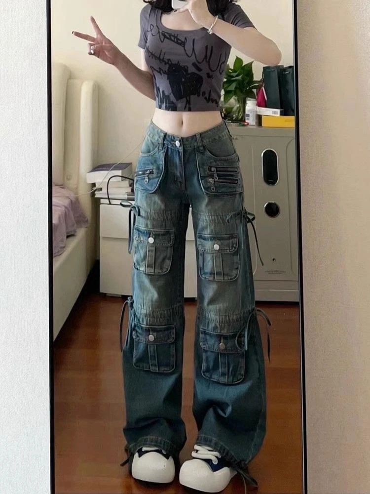 American Vintage Jeans High Waist Design Draw String Pockets Patchwork Pantalones De Mujer Y2k Harajuku Vintage Loose Clothing