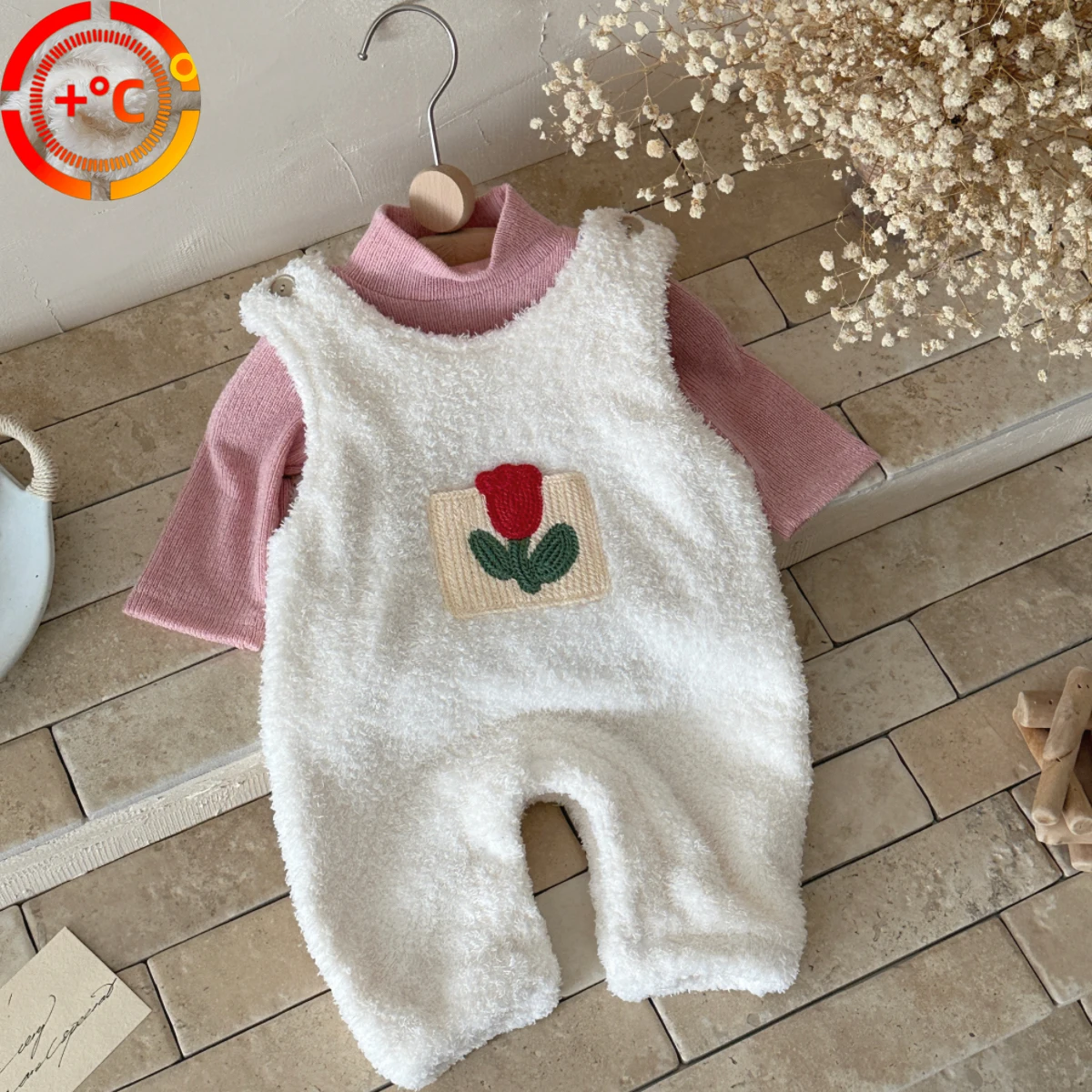 

Baby Girl Clothing Set Autumn Winter Sweet Flower Embroidered Pocket Overalls Pink Interior Outfit 2Pcs Children Casual Suit
