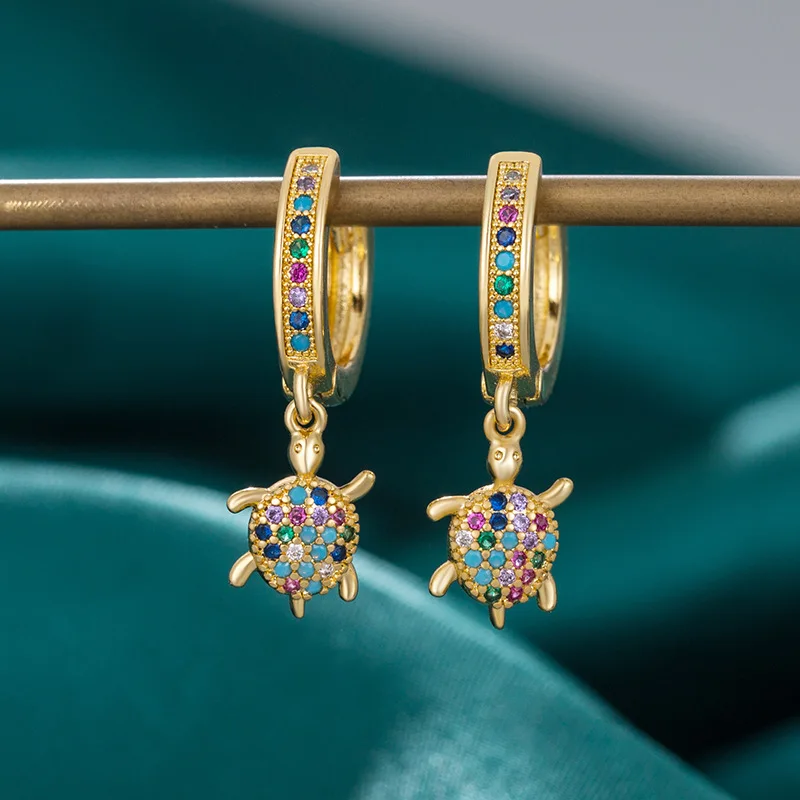 Female Cute Small Turtle Hoop Earring Rainbow Crystal Multicolor Zircon Animal Earrings For Women Charm Gold Color Ocean Jewelry