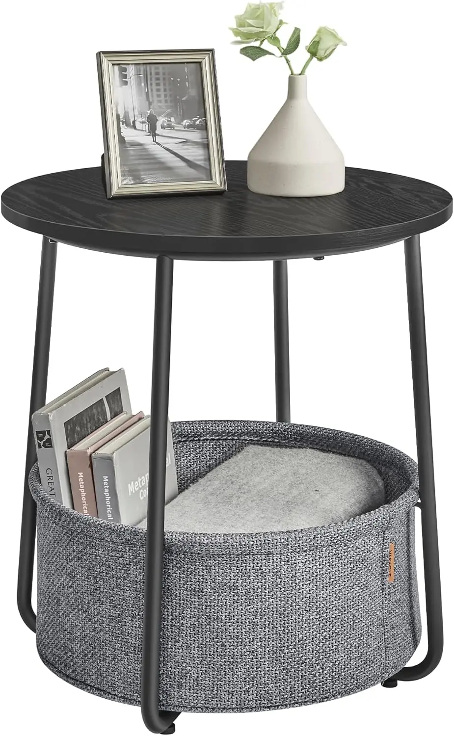 

LILEA Collection - Small Round Side End Table, Modern Nightstand with Fabric Basket, Ebony Black and Slate Gray ULET223B01