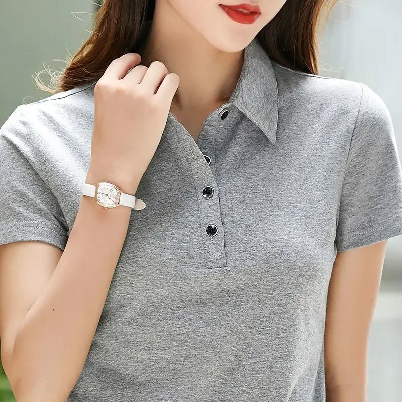 T-shirts Slim Button Women\'s Polo Plain White Female Tee 100℅ Cotton Pretty Basic Offer Comfortable Pulovers Casual Tops Youth