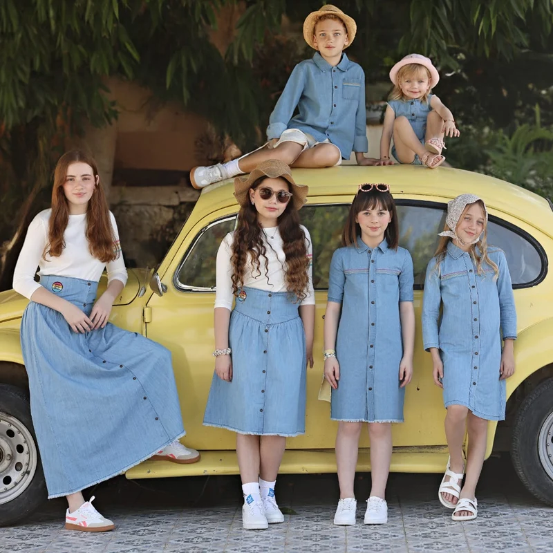 Kids Clothes Denim Blue Summer Boy and Girl Dress T-Shirt Top Set Baby Romper Skirt Colorful Embroidery Stripes Children Outfit