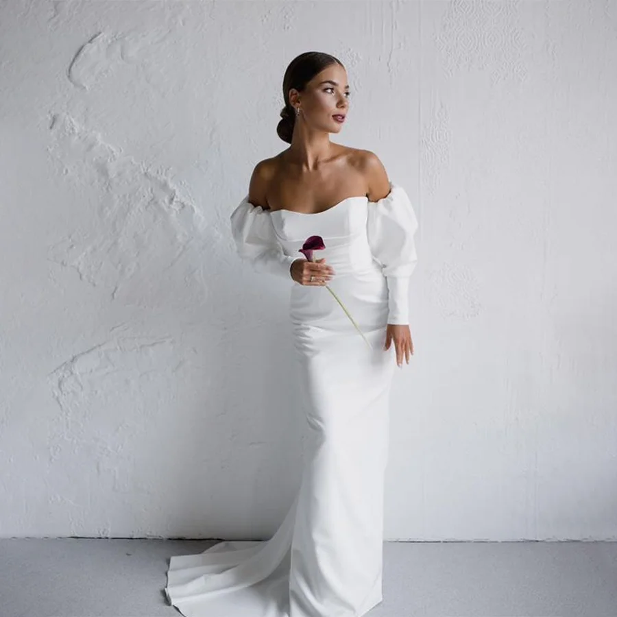 

Customized Off-Shoulder 3/4 Sleeves Stretch Evening Dress Backless And Lace Up Mermaid Prom Gowns
