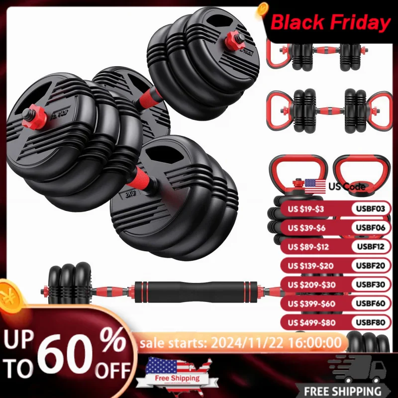 AQAdjustable ,22LB/44LB/66/88LB Weights,4-in-1 Set with Connector for Home Gym,Used as Dumbbell,Kettlebell,