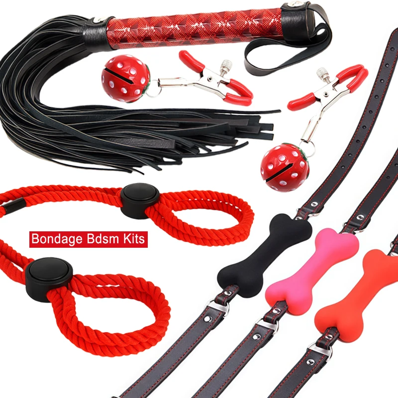 Bdsm adulto jogo bondage kits diamante padrão chicote morango sino mamilo grampos amarrando corda de algodão algema cão osso mordaça sex shop