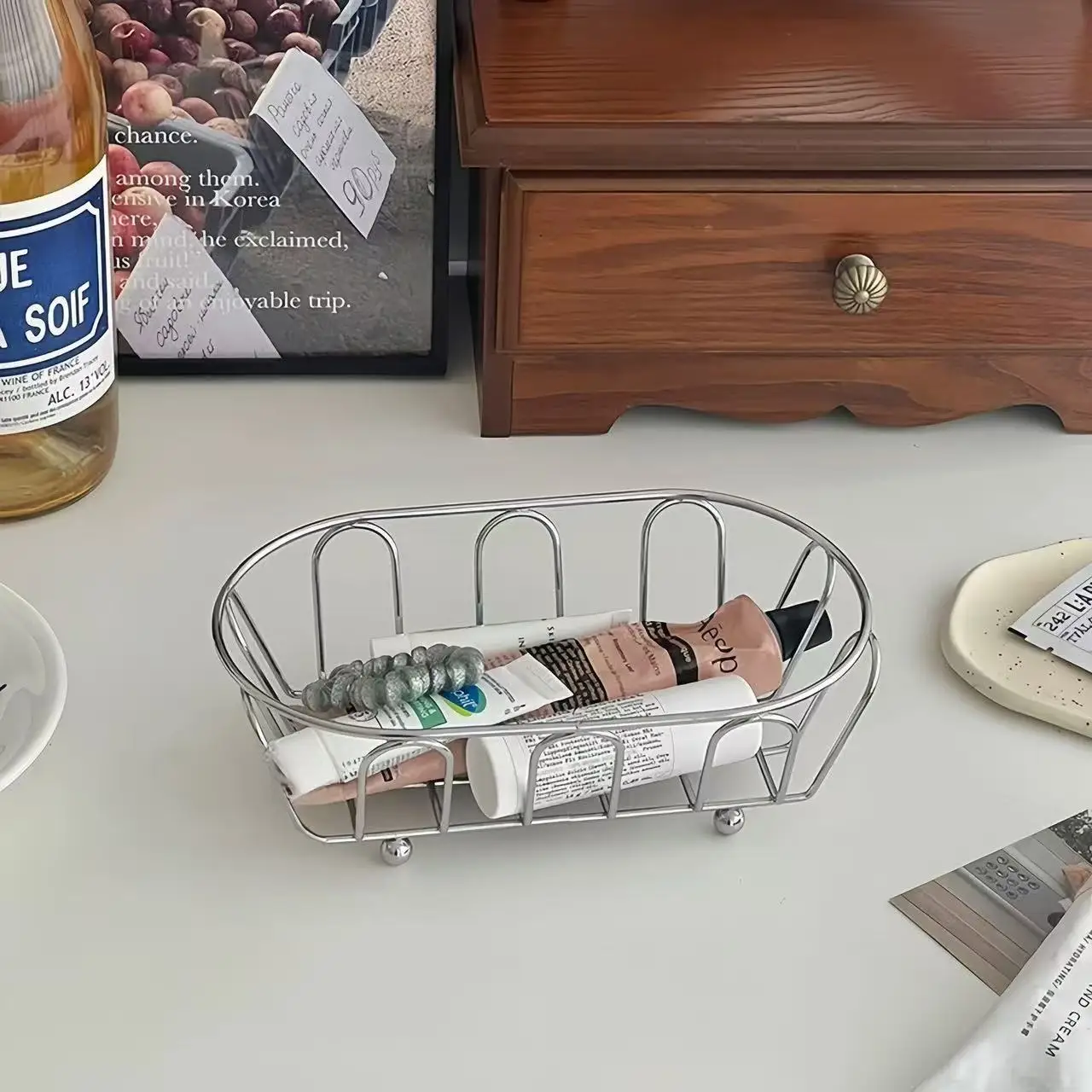 

INS & Japanese Style Stainless Steel Wire Basket, Minimalist Desktop Organizer for Makeup Jewelry & Sundries