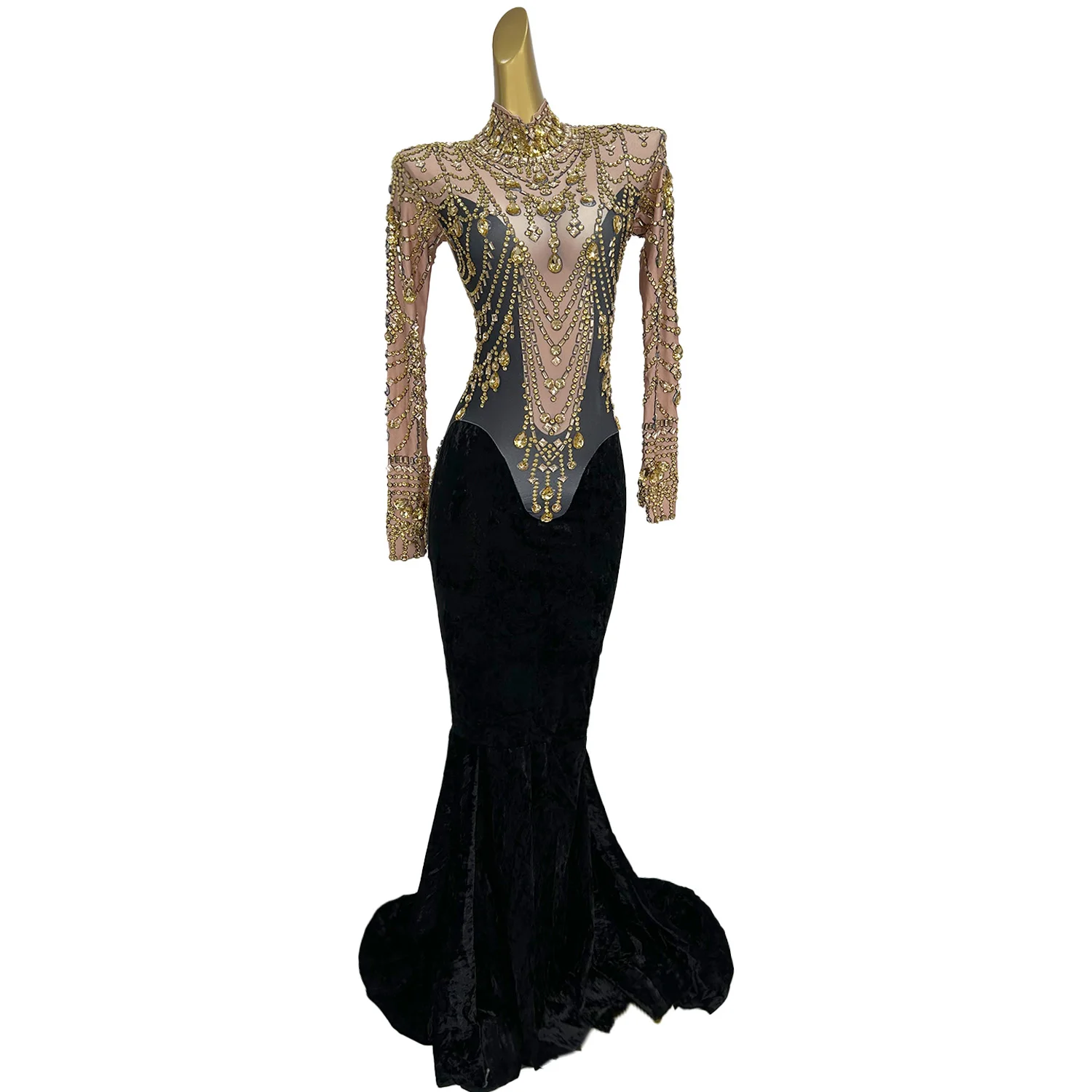 Vestido de noche de fiesta de cristal de lujo para mujer, vestido Sexy ajustado para boda, graduación, vestido largo de sirena de terciopelo, trajes de escenario de cantante Sirongqun