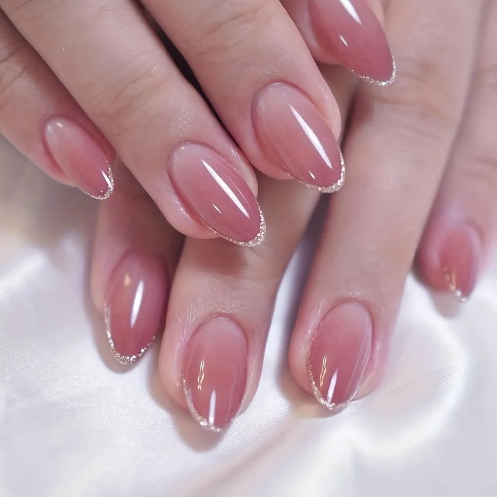 

24Pcs Short Oval Head Blush Pink Press on Nails with Simple Designs Almond Nails Wearable Acrylic Full Cover Nail Tips with Glue