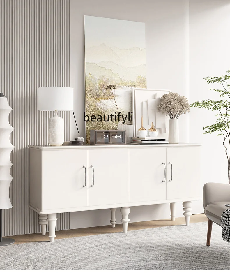 Cream Style Large Capacity Solid Wood Entrance Cabinet Integrated Wall French Storage Cabinet