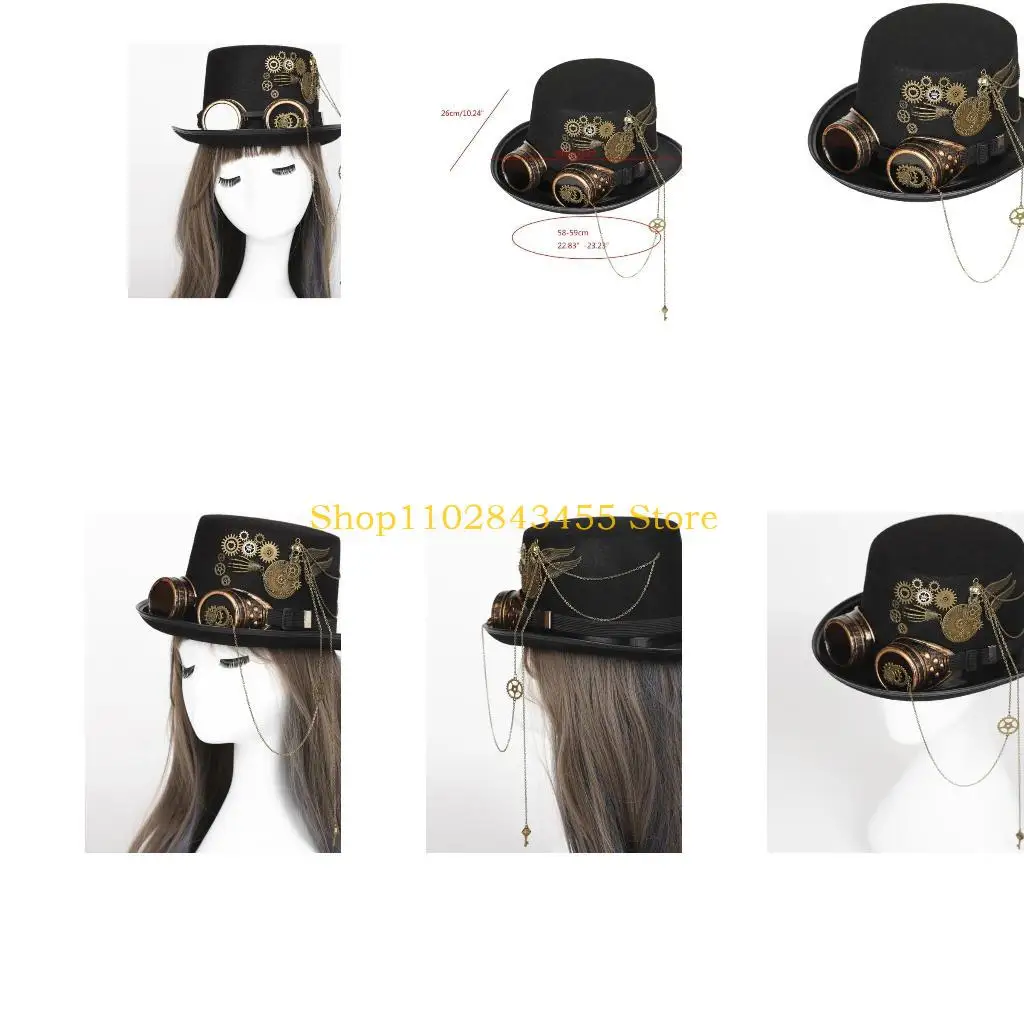 

49MC Gothic Bowler Top Hat Halloween Steampunk Top Hat Men With Goggles Gay Hat