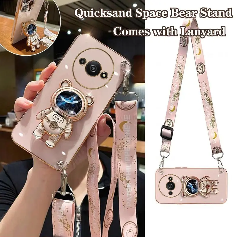 A3 Confident Astronaut Holder Lanyard Plating Phone Case For Xiaomi Redmi A3 Shatterproof Protection Redmi A3 Soft Back Cover