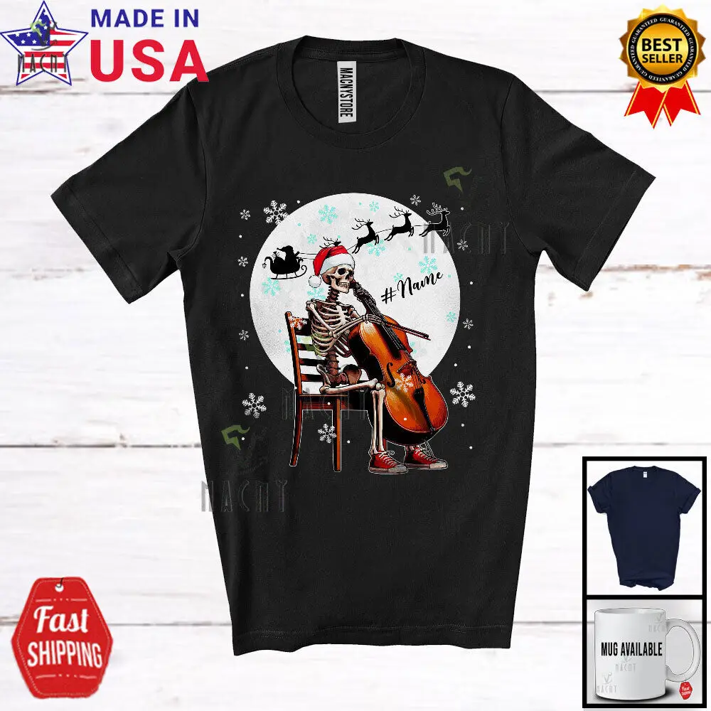 Custom Name Skeleton Cello Player; Christmas Moon; Musical Instruments T-Shirt