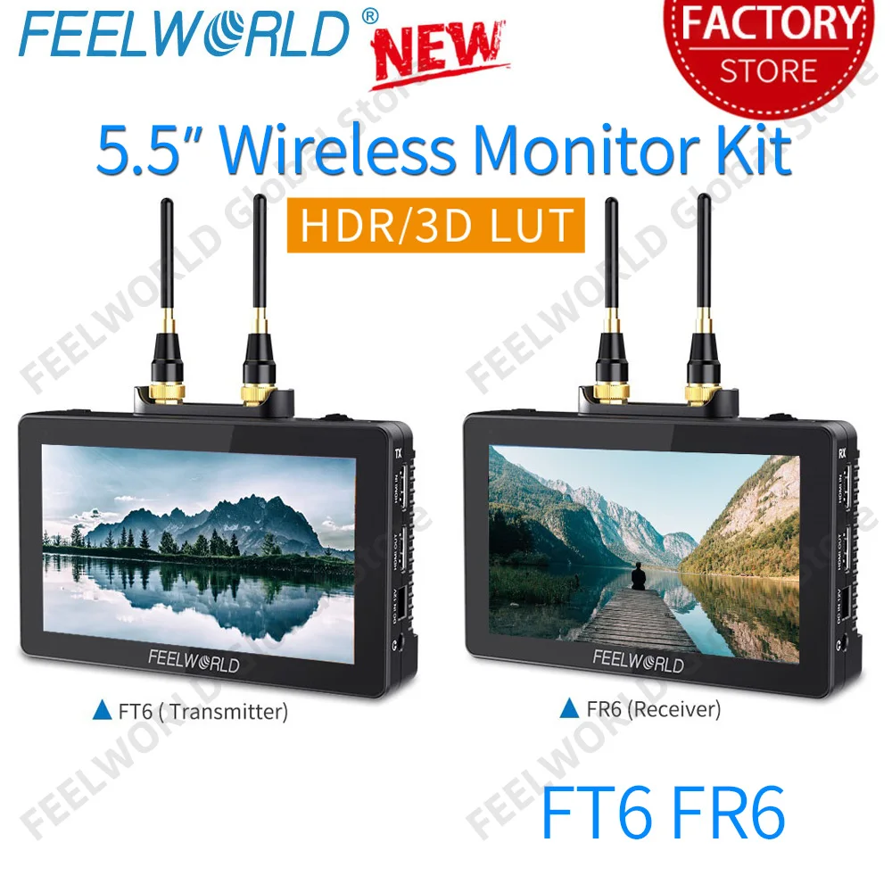 FEELWORLD 5.5 Inch Wireless Video Transmission System with Transmitter Receiver DSLR Camera Field Direct AC DP Monitor FT6 FR6